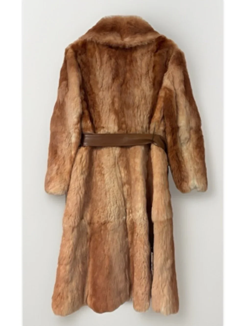 Vtg 70s Pizitz Real Rabbit Fur Caramel Brown Trench Belted Coat Jacket Size XS/S